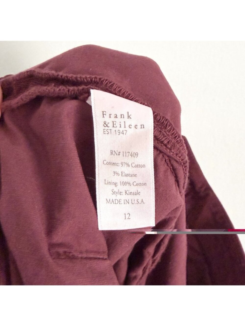 Frank and Eileen Maroon Kinsale Micro Corduroy Pants Raw Hem Women’s Size 12 - Picture 8 of 8